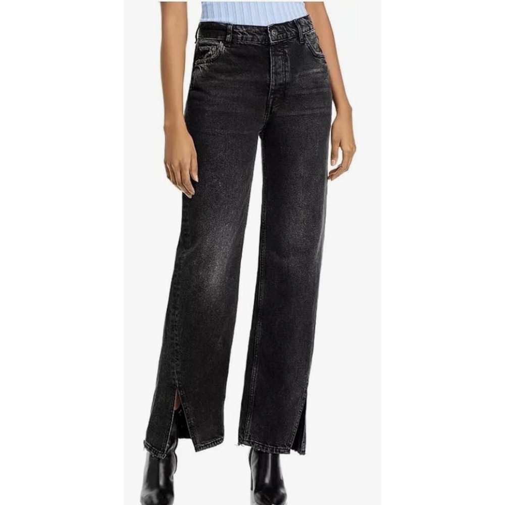 Free People Womens Baykan Denim Jeans Lines Slit Straight Rockin Black Size 26